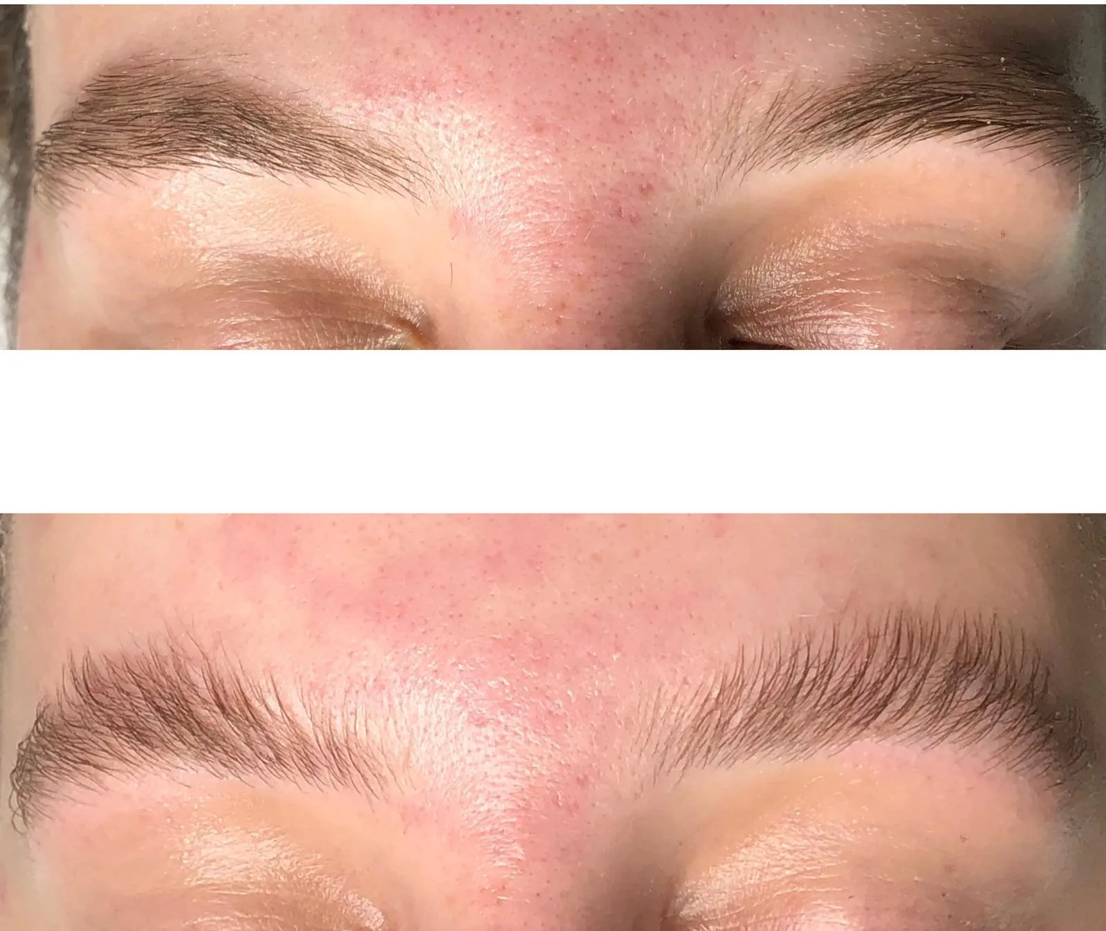 Browlift Ergebnis: geglättete, geformte Augenbrauen vor und nach der Laminierung