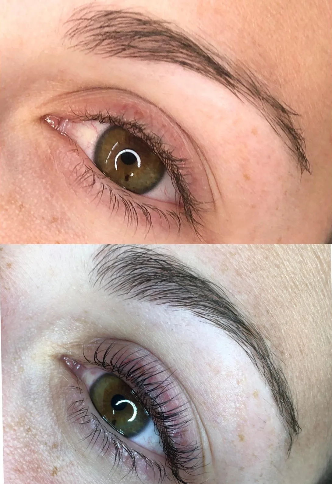 Wimpernlaminierung vor und nach der Behandlung, braunes Auge